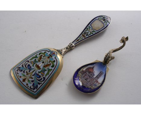 A NORWEGIAN SILVERGILT & ENAMELED CADDY SCOOP and a small Italian souvenir spoon with an enamelled bowl, "FIRENZE";  the form