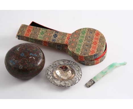 A CHINESE TEA STRAINER with a carved jade handle (now detached), in original card box, and a cloisonne enamelled copper box &