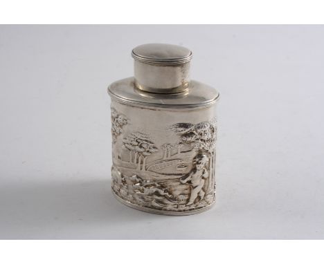 A LATE VICTORIAN OVAL TEA CADDY with a pull-off cap & an embossed romantic scene around the sides, by J.M. Banks, Chester 189