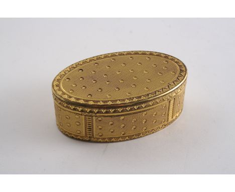A LATE 18TH CENTURY FRENCH GILT-METAL OVAL SNUFF BOX decorated with panels of engine-rturning with a pelleted ground, unmarke