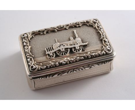 RAILWAY RELATED: A rare early Victorian presentation table snuff box, rectangular with slightly concaved sides with engine-tu