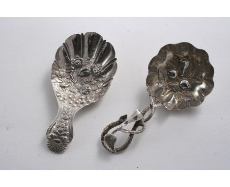 A VICTORIAN CADDY SPOON with a fruiting tendril stem & an embossed bowl, by Hilliard & Thomason, Birmingham 1866 and a Victor