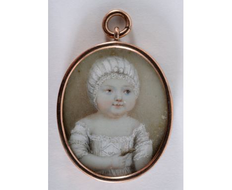 ENGLISH SCHOOL c.1800 A miniature portrait of a baby wearing white lace cap, half length, on ivory, 3.75 x 3 cms, in gold fra