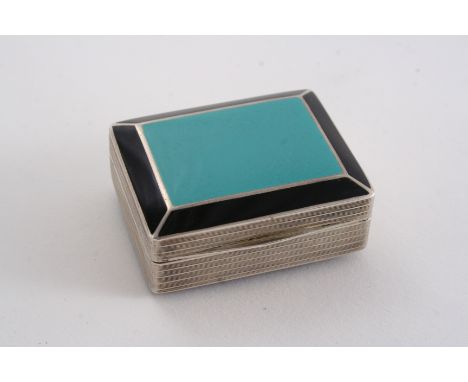 A CONTINENTAL LADY'S VANITY/COMPACT BOX of bevelled oblong form with a pale green & black enamelled cover & base & engine-tur