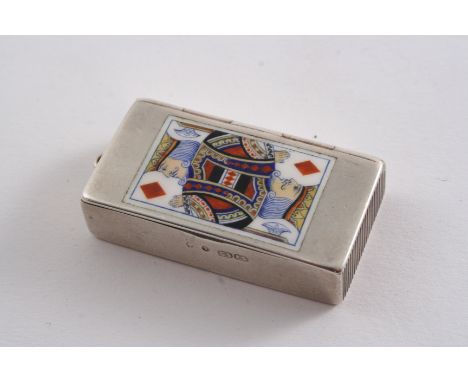 A VICTORIAN VESTA CASE of plain oblong form with a suspension "eye", enamelled on the cover in polychrome with the King of Di