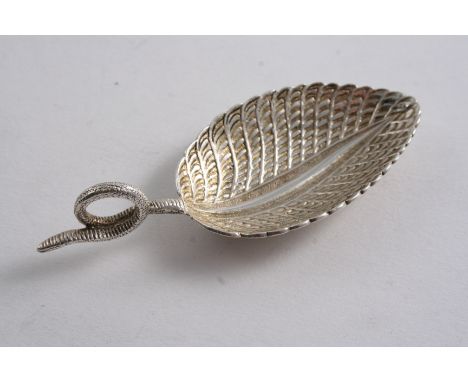 A VICTORIAN CADDY SPOON in the form of a textured leaf with a coiled serpent handle, by George Adams, London 1862;  3.2"  (8.