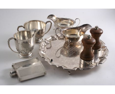 A MIXED LOT OF MODERN SILVER: A salver with a shaped circular border, inscribed, a pair of sauce boats, a cream jug & matchin