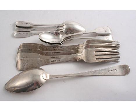 ABERDEEN MADE FLATWARE: A set of five Scottish provincial Fiddle table forks, initialled "R", by Rettie & Sons (R&S, A, B, D)