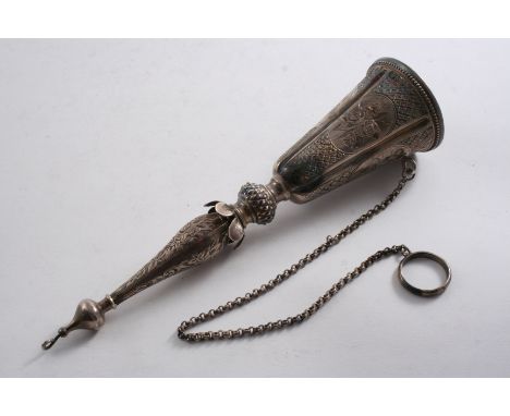A VICTORIAN LARGE POSY HOLDER with chased & engraved decoration & a long chain with finger ring, maker's mark "R&R", Sheffiel