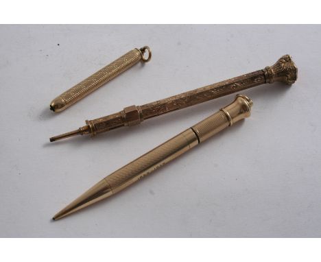 A GOLD PLATED "MORDAN EVERPOINT" PENCIL with inscribed date "1889-1939", a gold cased telescopic pencil by S. Mordan & Co. (w