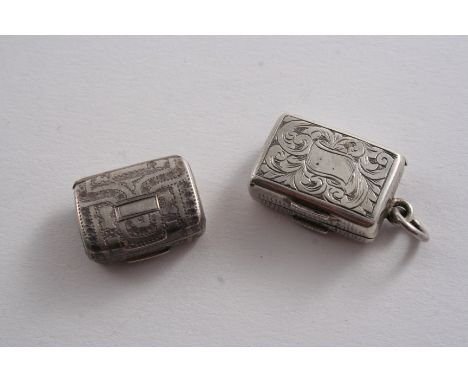A SMALL GEORGE III ENGRAVED VINAIGRETTE in the form of a purse by Lawrence & Co., Birmingham 1817 and a small Victorian vinai