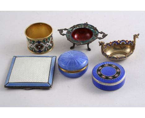 SIX ENAMELLED PIECES: A Russian champleve napkin ring, monogrammed, maker's mark of "ADLER", Moscow 1896-1908, a Continental 