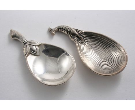TWO CONTEMPORARY ITALIAN CADDY SPOONS one in the form of a stylised plum tomato; the other resembling a crayfish at the edge 