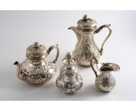 A 19TH CENTURY AUSTRO-HUNGARIAN/GERMAN TEA POT, HOT WATER JUG, MILK JUG & TEA CADDY WITH STOPPER, all matching with embossed 