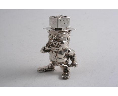 A LATE VICTORIAN CAST NOVELTY FIGURAL TABLE LIGHTER in the form of a chestnut seller with a brazier on his head & a bonnet wi