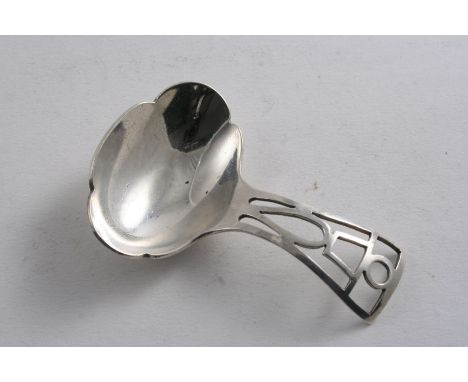 A MODERN CADDY SPOON with a shaped bowl & a pierced stem, by Leopold Ltd., Birmingham 1917;  2.8"  (7.2 cms) long;  0.65 oz