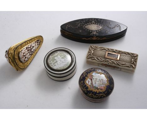 FIVE BOXES: A George III gilt-metal mounted tortoiseshell toothpick box with inlay decoration, a gold-mounted, ivory toothpic