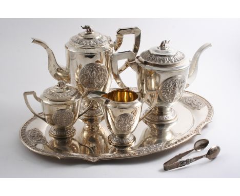 A 20TH CENTURY SIAMESE TEA & COFFEE SERVICE in a fitted box including:- tea pot, coffee pot, milk jug, sugar bowl & cover, su