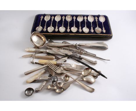A MIXED LOT: An Edwardian cased set of twelve ice cream spoons by the Goldsmiths & Silversmiths Co. Ltd. 1905, a mounted stee