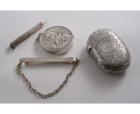 A MIXED LOT: A Victorian engraved oval vesta case, monogrammed, by Sampson Mordan, London 1889, a contemporary circular "golf