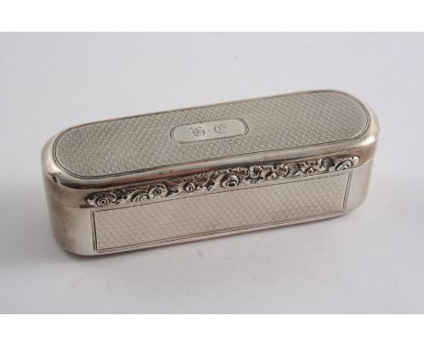 A GEORGE IV ENGINE-TURNED SNUFF BOX oblong with rounded ends & a raised floral thumbpiece, initialled "HE", gilt interior, by