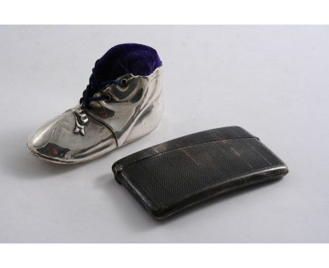 A NOVELTY PIN CUSHION in the form of a lace-up boot with a ribbon at the front, by Levi & Salaman, Birmingham 1911 (stuffed &