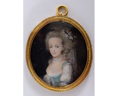 FRENCH SCHOOL c.1785 A miniature portrait of Mary Crispe, Mrs Edwin Penfold (1759-1848), her elaborately arranged hair with f