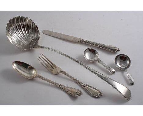 A MIXED LOT: A George III soup ladle with a fluted bowl & a bead pattern stem, maker's mark worn, London 1795, two antique ca