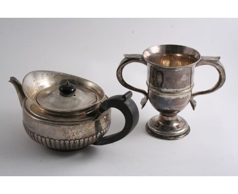 A GEORGE III TWO-HANDLED CUP on a domed circular foot, initialled "R" over "H.L" on one handle, by Jacob Marsh or John Moore,