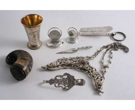 A MIXED LOT: A late 19th century Dutch handbag mount with chain, 1893, a Dutch belt hook, an 18th century French belt hook, a