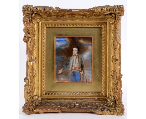 WILLIAM GRIMALDI R.A. (1751-1830) A miniature portrait of Edwin Stacey XII Light Dragoons, standing in uniform with sword thr