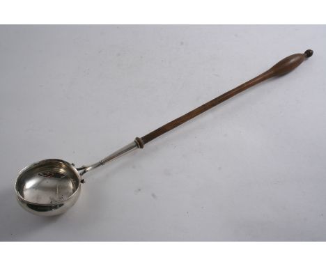 A GEORGE II / III SCOTTISH PUNCH LADLE with a shallow circular bowl & turned wooden handle, maker's mark only "K&D", by Ker &