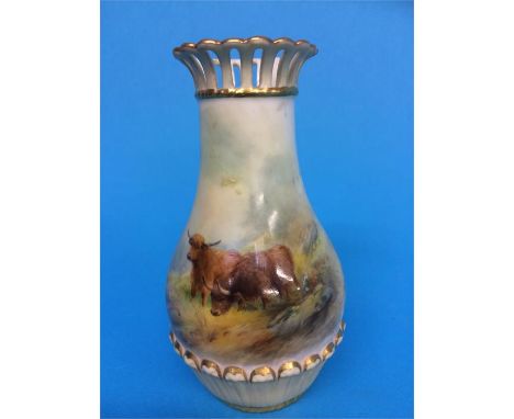 A small Royal Worcester vase, decorated with Highland Cattle, signed H. Sinton, (A/F)