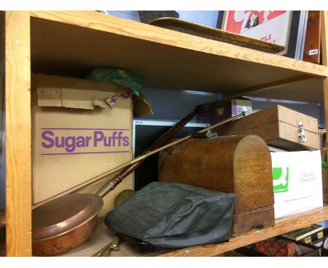 Shelf of assorted including a copper bed pan and a ZX81