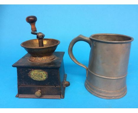 A pewter 'Quart Tankard' and a coffee grinder