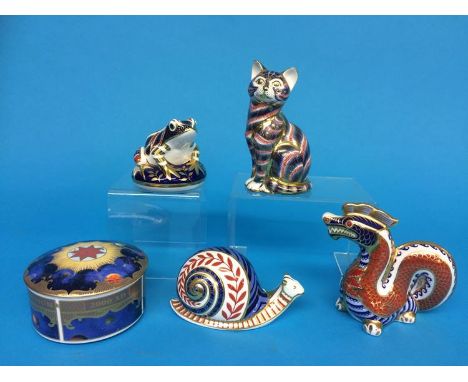 Royal Worcester box and cover and four Royal Crown Derby paperweights