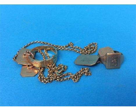 A pair of 9ct cufflinks, a 9ct ring, a yellow metal chain and ring