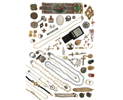 A large quantity of jewellery, including a collection of six gold and cultured pearl-set stick pins, an abstract gem-set gold