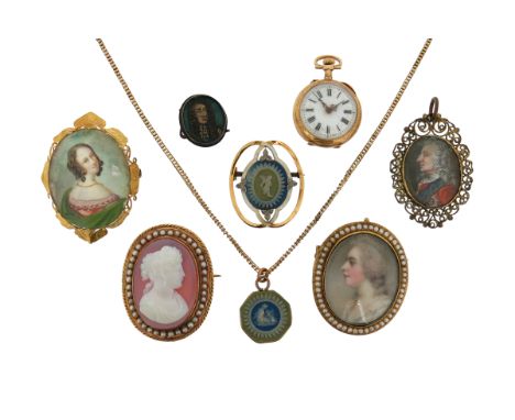 A collection of portrait miniatures, including an octagonal Jasperware double sided cameo pendant within gold frame and suspe