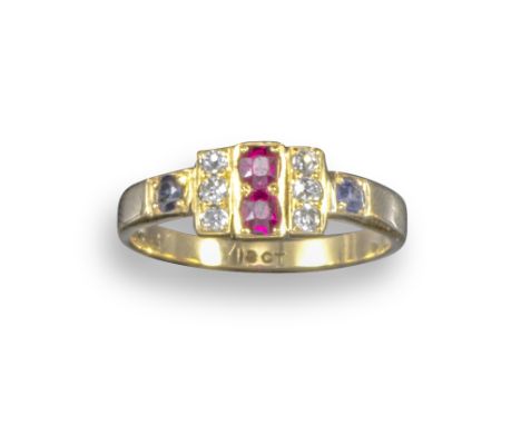 A ruby and diamond half hoop ring, set with old cushion-shaped rubies, diamonds and sapphires in yellow gold, size R 1/2