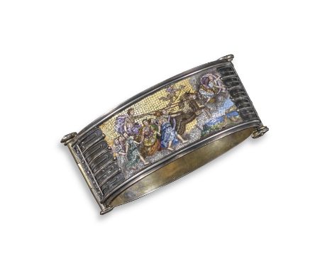 A 19th century silver and micro mosaic bangle, the tesserae depicting Aurora's procession, in silver filigree surround, 5.7cm
