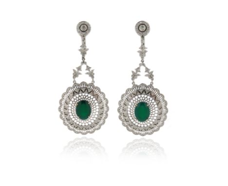 A pair of chalcedony and diamond drop earrings, each openwork section set with an oval-shaped green chalcedony within a surro