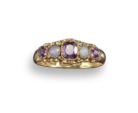 A 19th century garnet and opal half-hoop ring, set in 15ct yellow gold scroll mount, Birmingham hallmarks for 1864, size M