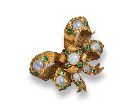 A mid 19th century opal and emerald bow brooch, set in yellow gold, 3.8cm wide