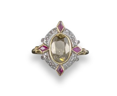 A zircon and diamond cluster ring, the oval-shaped zircon is set within a surround of diamonds quartered with kite-shaped rub