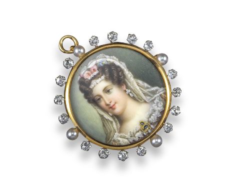 A Victorian diamond and pearl portrait brooch pendant, depicting a woman on her wedding day within a border of diamonds and p