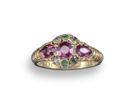 A 19th century garnet and emerald cluster ring, set in fluted 15ct gold mount, Birmingham hallmarks for 1869, size L