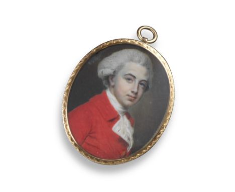 A George III miniature portrait of a gentleman, wearing a white-faced scarlet jacket and white stock, 3.8cm high, in gold pen