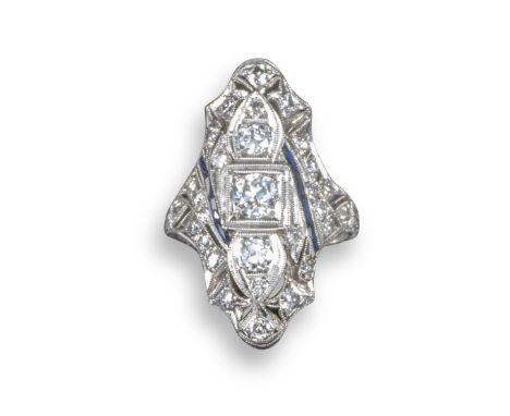A diamond cluster ring, the openwork lozenge ring is vertically set with three circular-cut diamonds, with further circular-c