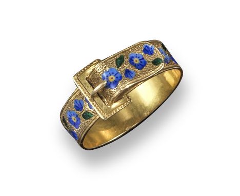 A 19th century gold buckle ring, decorated with blue enamel forget-me-nots, size O 1/2